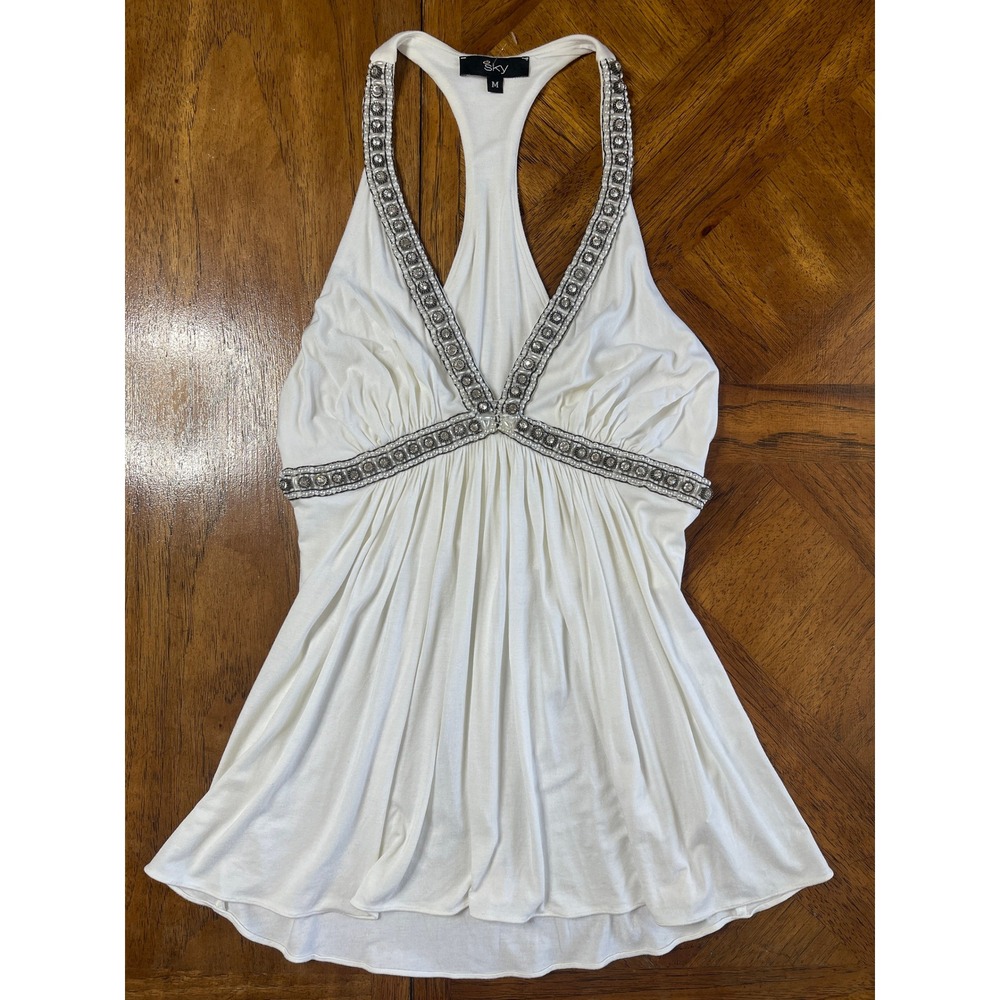 Sky Top White Vintage Y2K Rhinestone Pearl Embellished Racerback V-Neck Medium